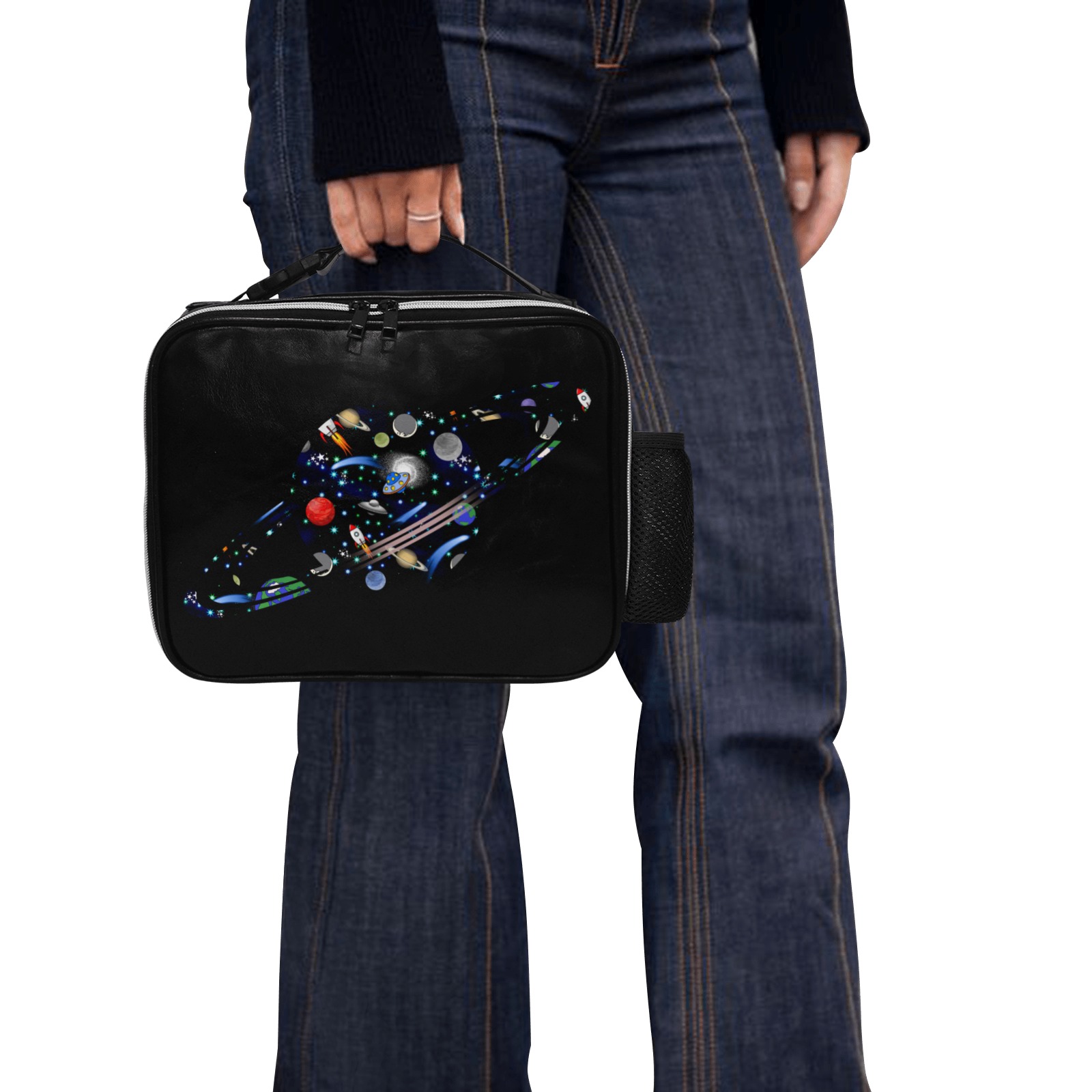 Galaxy Universe Planet - Black PU Leather Lunch Bag (Model 1723)