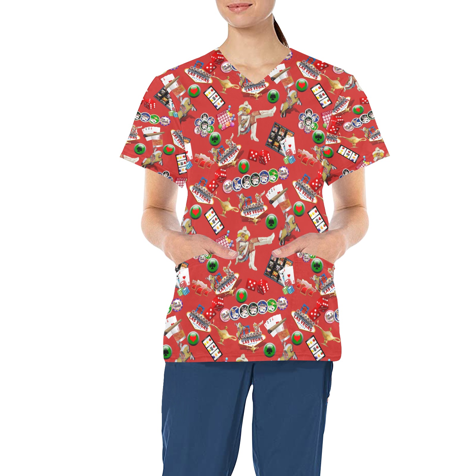 Las Vegas Icons Gamblers Delight Red All Over Print Scrub Top ID D6112680