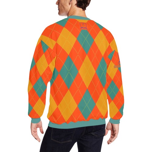 DIONIO Clothing - Argyle Orange,Turquoise & Badge Diamond Sweatshirt (Orange Lightning Logo) Men's Oversized Fleece Crew Sweatshirt (Model H18)