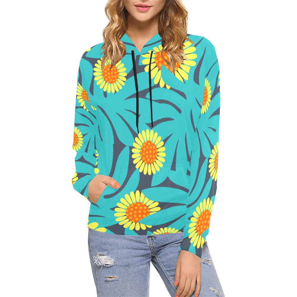 Yellow and Teal Paradise Jungle Flowers and Leaves All Over Print Hoodie for Women (USA Size) (Model H13)
