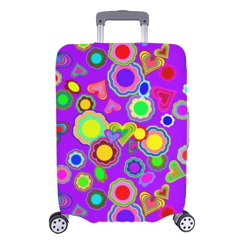 Groovy Hearts and Flowers Purple Luggage Cover/Large 26"-28"