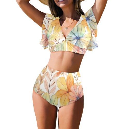 Watercolor Floral 2 Women's Ruffle Sleeve Bikini Swimsuit (Model S42)