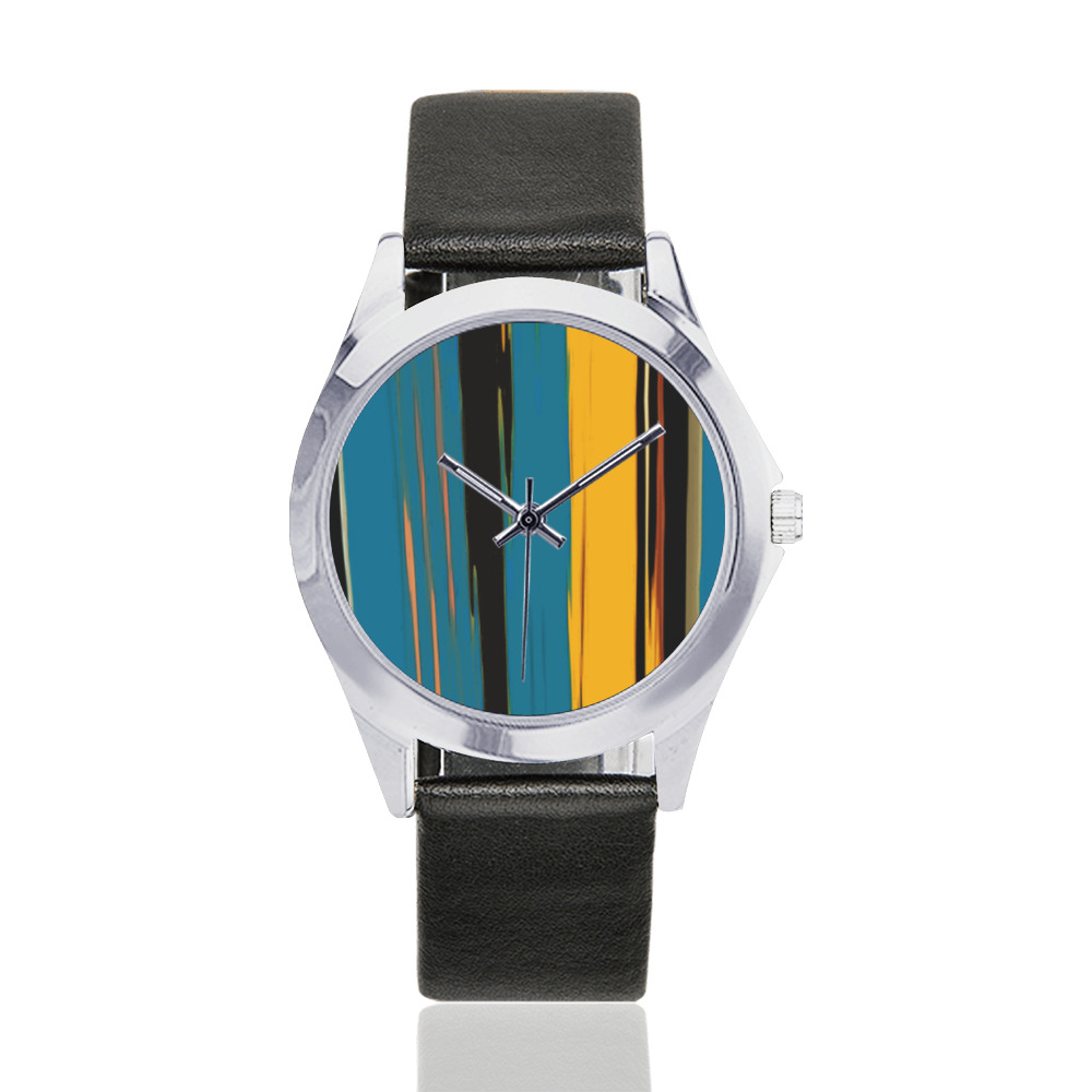 Black Turquoise And Orange Go! Abstract Art Unisex Silver-Tone Round Leather Watch (Model 216)