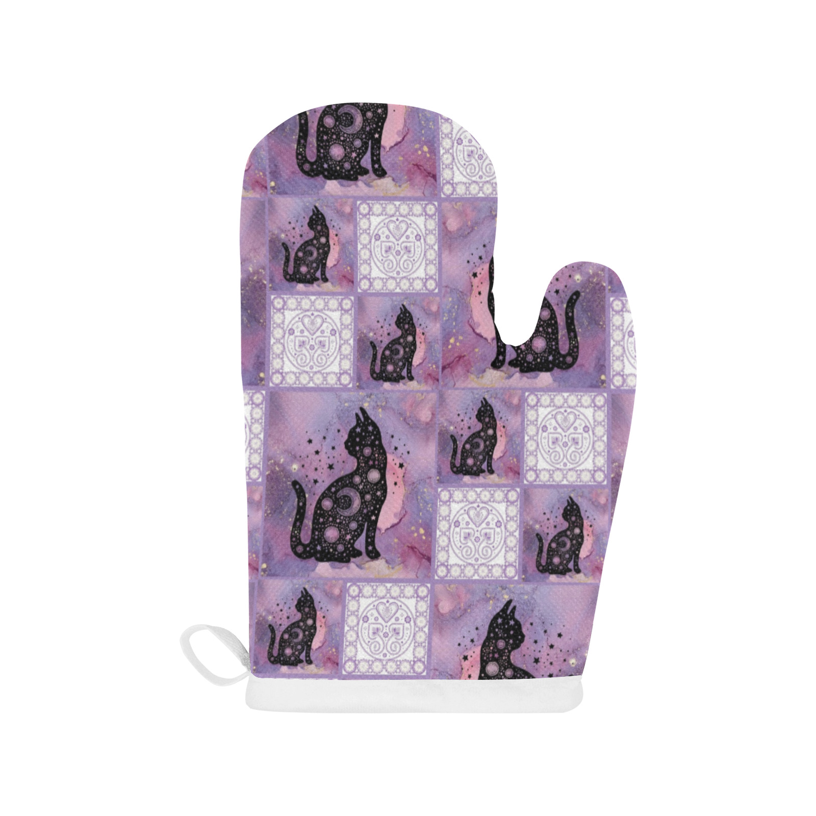 Purple Cosmic Cats Patchwork Pattern Linen Oven Mitt (Two Pieces)