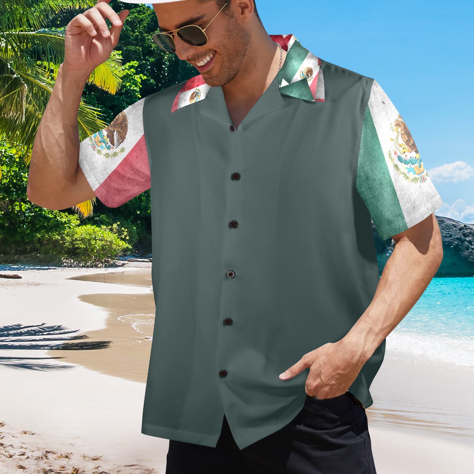 Mexican Flags on Green Men's All Over Print Hawaiian Shirt (Model T58)