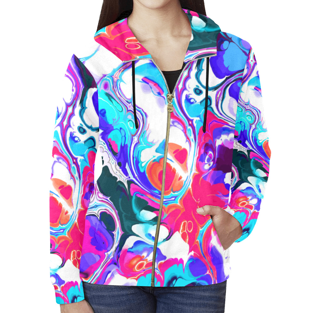 Blue White Pink Liquid Flowing Marbled Ink Abstract All Over Print Full Zip Hoodie for Women (Model H14)