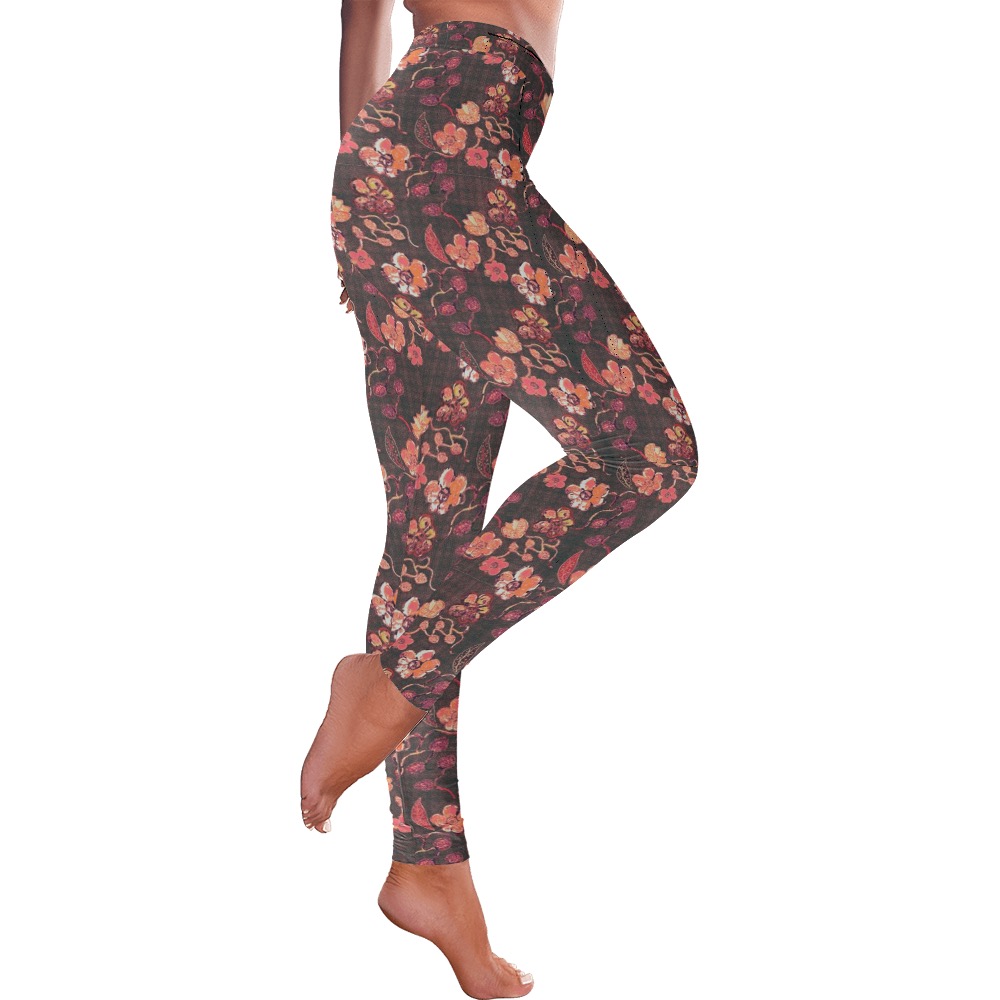 Brown-Orange Floral Vintage Women's Low Rise Leggings (Invisible Stitch) (Model L05)