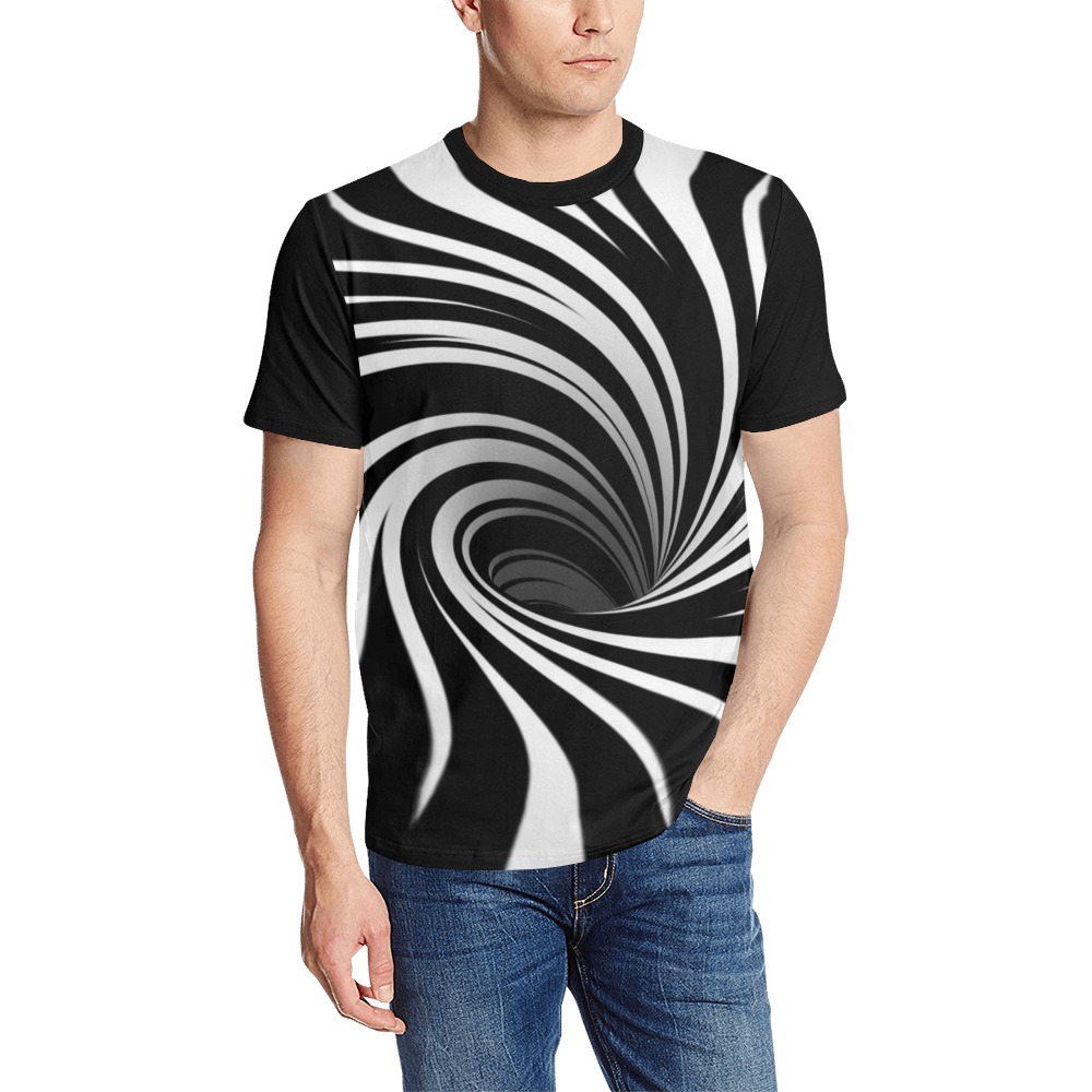 Op Art Optical Illusion Abstract Flower (Black|White) Men's All Over Print T-Shirt (Solid Color Neck) (Model T63)