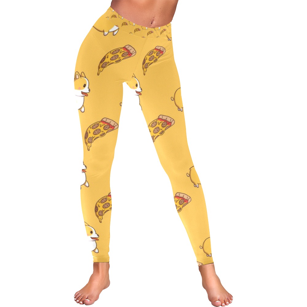 Corgi and Pizza Slice Pattern Women's Low Rise Leggings (Invisible Stitch) (Model L05)