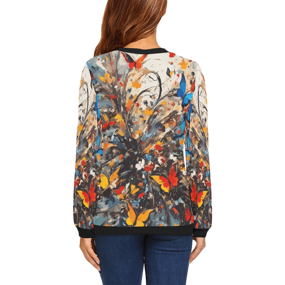 Beautiful colorful butterflies and abstract plants All Over Print Crewneck Sweatshirt for Women (Model H18)