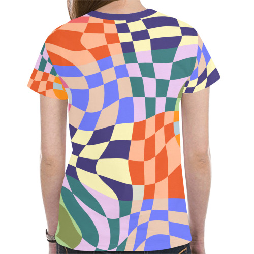 Wavy Groovy Geometric Checkered Retro Abstract Mosaic Pixels New All Over Print T-shirt for Women (Model T45)