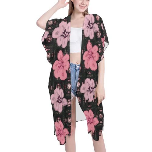 Summertime-Pink Floral Mid-Length Side Slits Chiffon Cover Ups (Model H50)