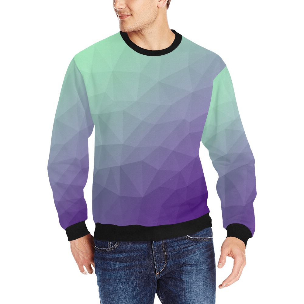 Purple green ombre gradient geometric mesh pattern Men's Rib Cuff Crew Neck Sweatshirt (Model H34)