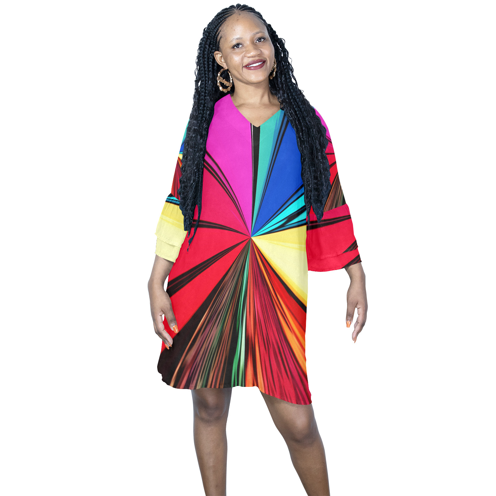 Colorful Rainbow Vortex 608 Half Sleeves V-Neck Mini Dress (Model D63)