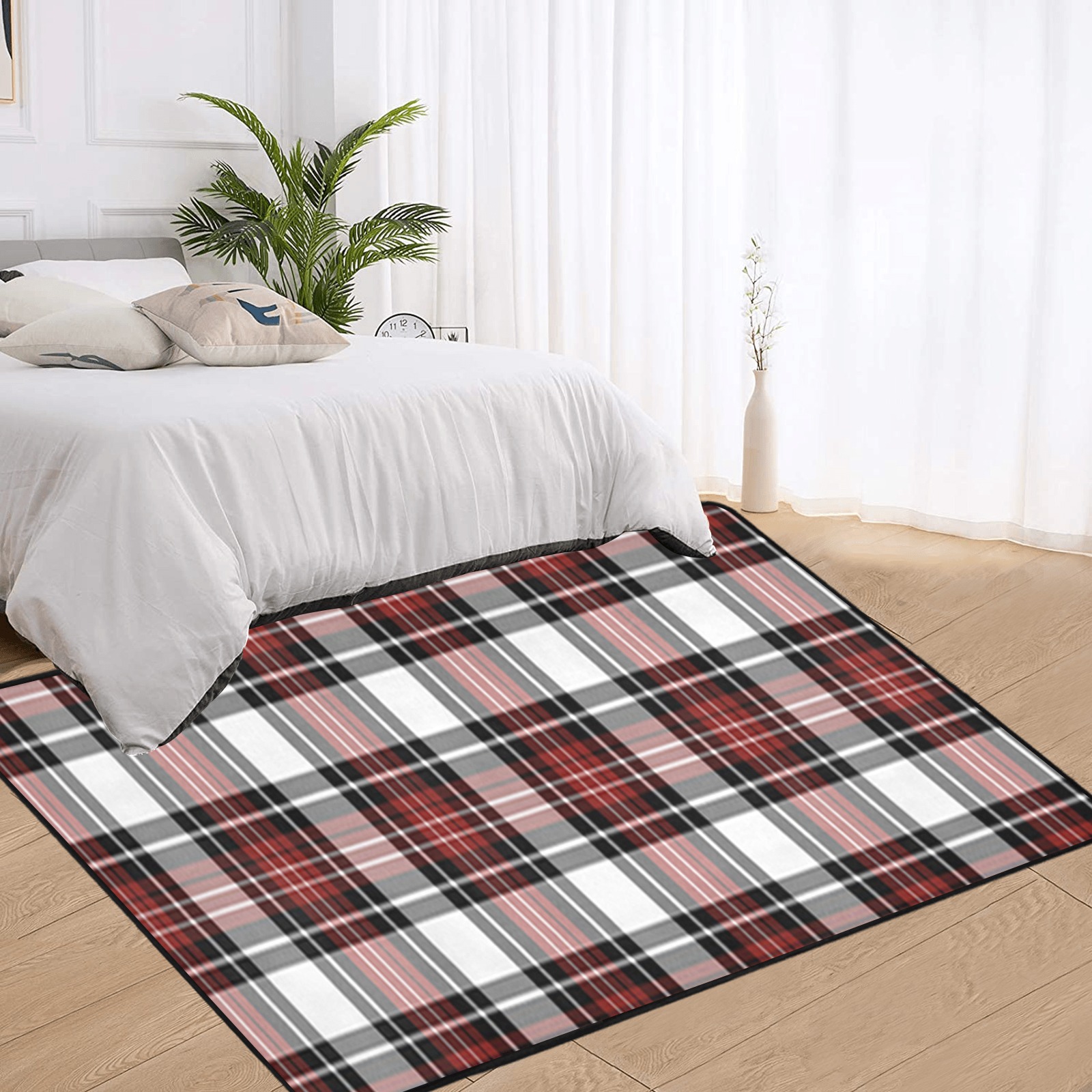 Red Black Plaid Area Rug with Black Binding 7'x5'