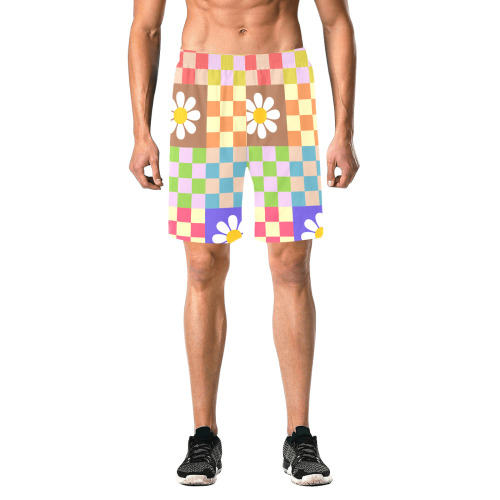 Mid Century Geometric Checkered Retro Floral Daisy Flower Pattern Men's All Over Print Elastic Beach Shorts (Model L20)