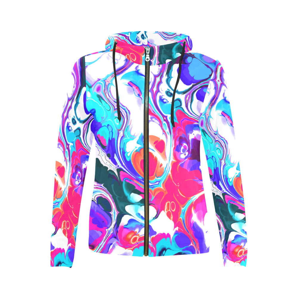 Blue White Pink Liquid Flowing Marbled Ink Abstract All Over Print Full Zip Hoodie for Women (Model H14)