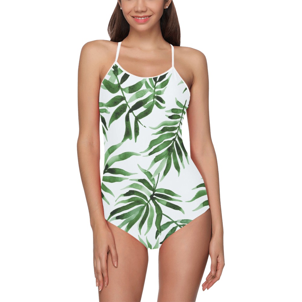 Watercolor_green_leaf Strap Swimsuit ( Model S05)