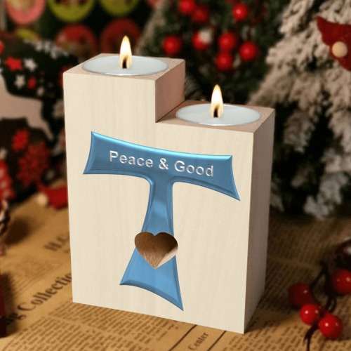 Franciscan Tau Cross Peace and Good  Blue Metallic Wooden Candle Holder (Without Candle)