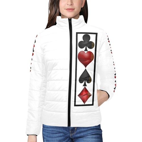 Black and Red Playing Card Shapes / White Women's Stand Collar Padded Jacket (Model H41)