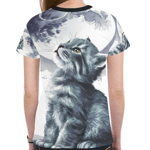 catGray cat looking at the moon New All Over Print T-shirt for Women (Model T45)