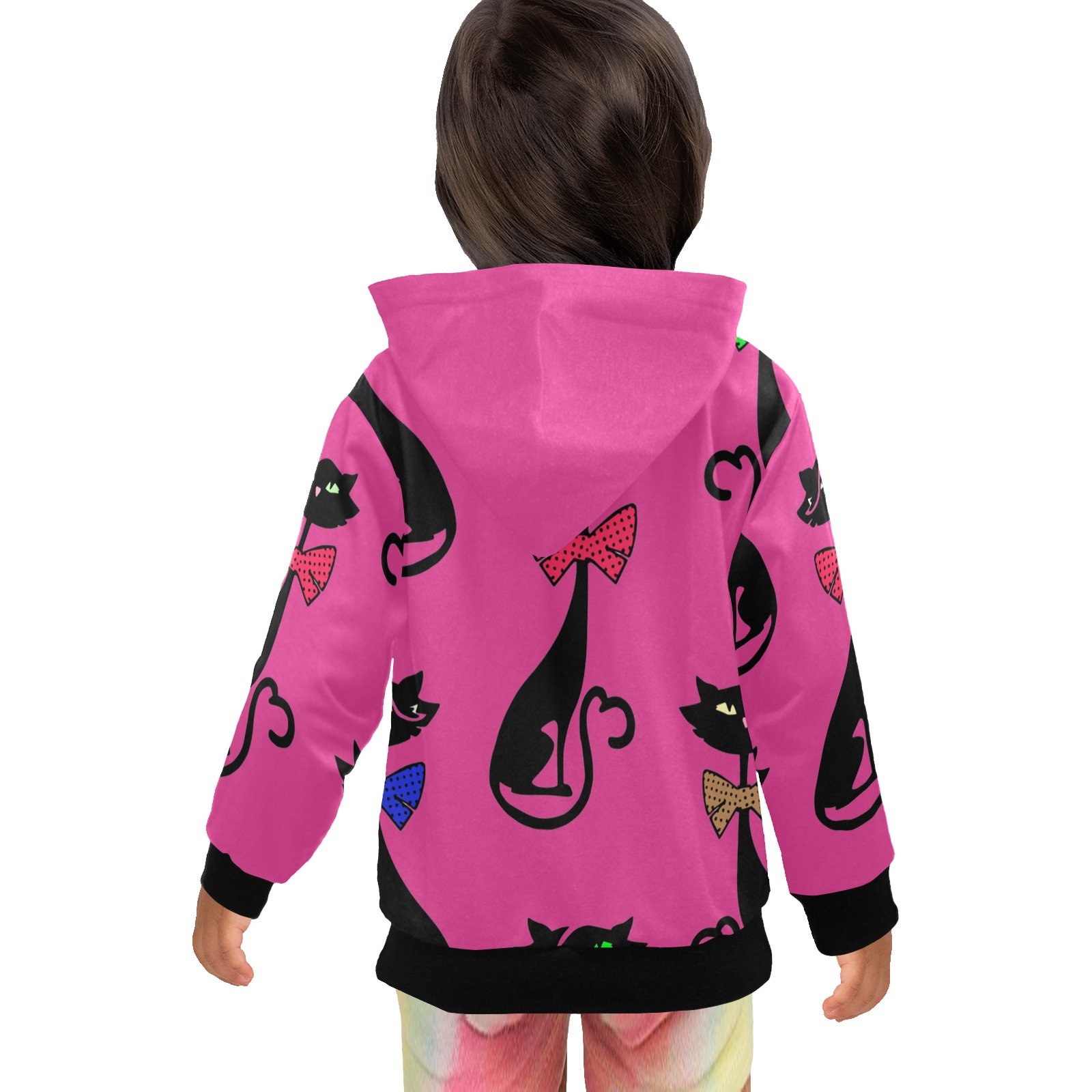 Black Cat with Bow Ties / Pink Little Girls' Zip Up Hoodie (Model H58)