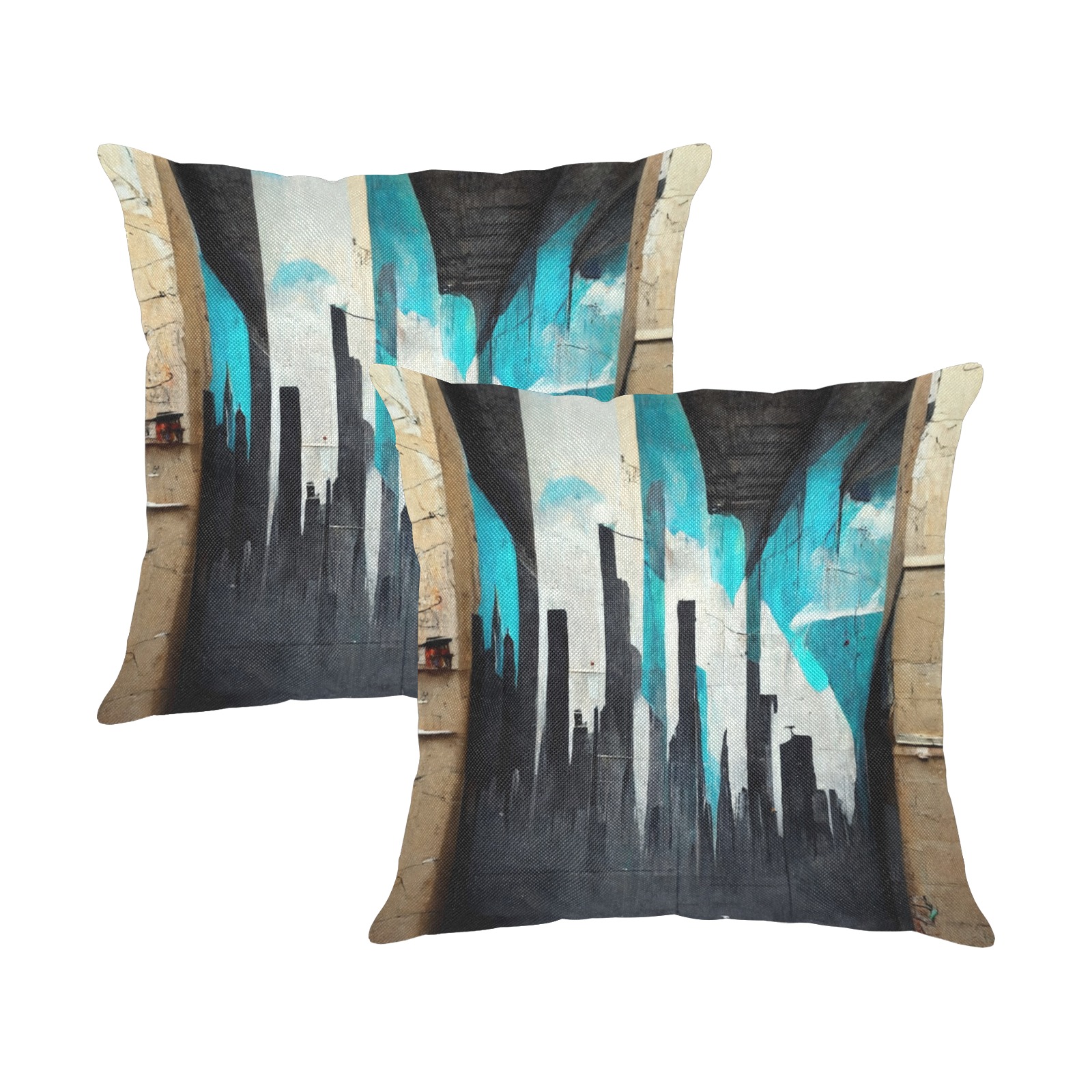 graffiti buildings black white and turquoise 1 Linen Zippered Pillowcase 18"x18"(One Side&Pack of 2)