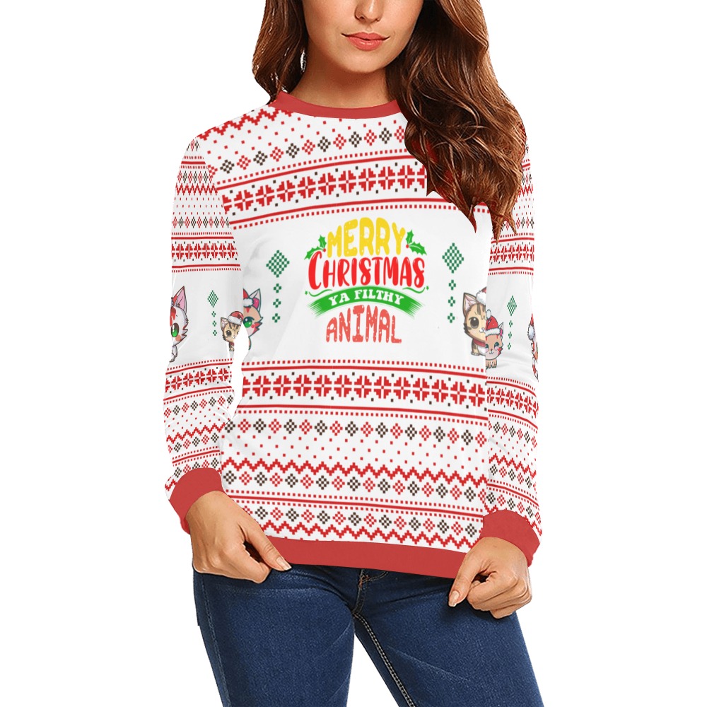 Merry Christmas You Filthy Animal Kawii Cats Ugly Sweater All Over Print Crewneck Sweatshirt for Women (Model H18)