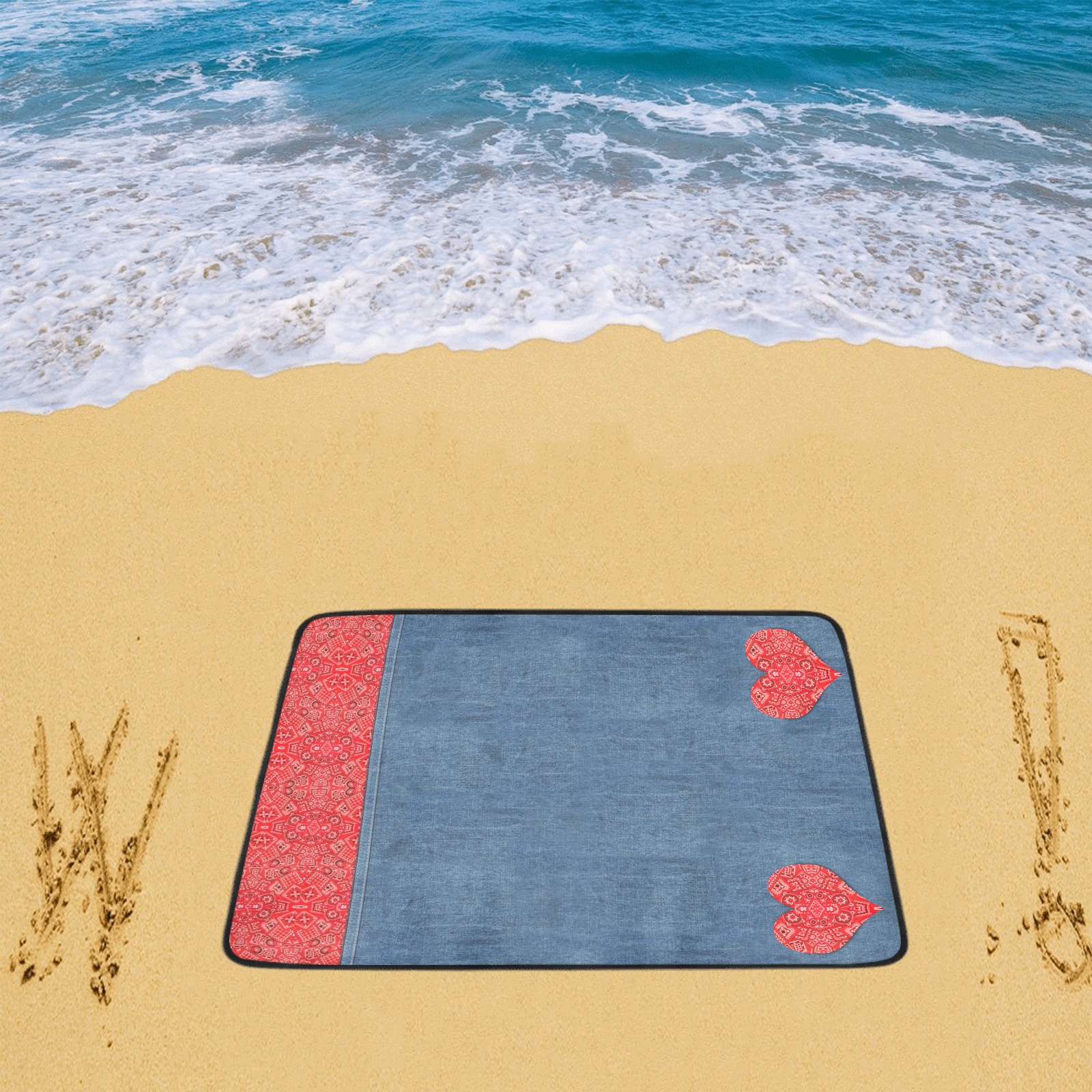 Bandana Hearts on Denim-Look Beach Mat 78"x 60"