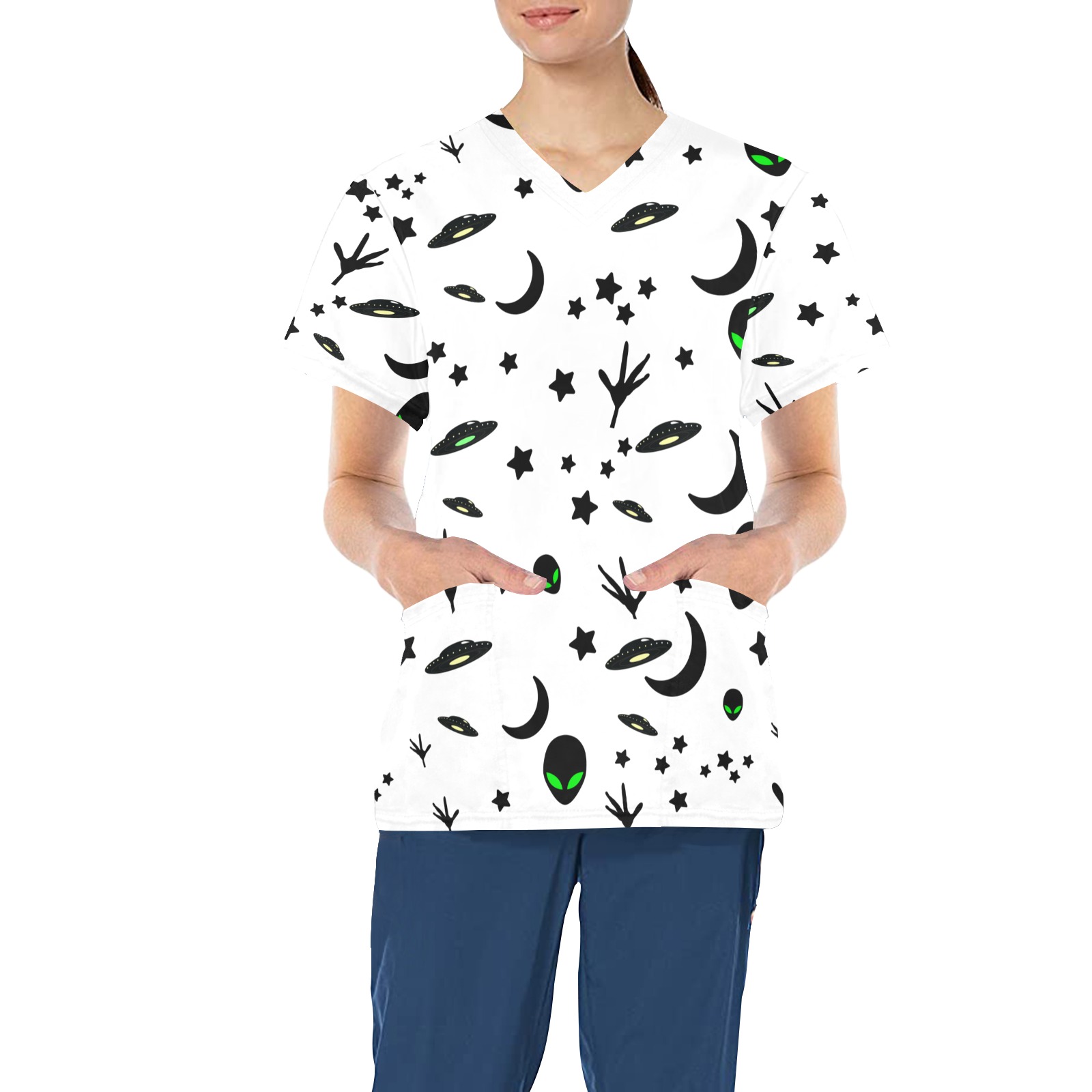 Aliens and Spaceships - White All Over Print Scrub Top