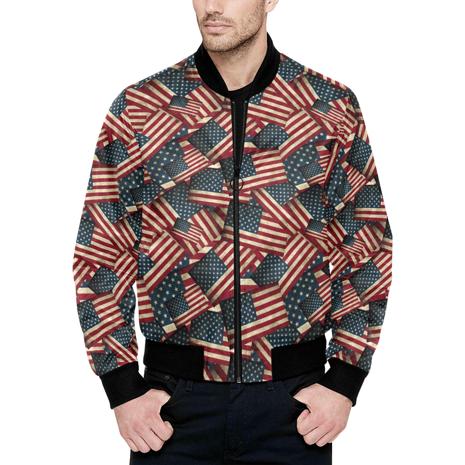 Patriotic USA American Flag Art All Over Print Quilted Bomber Jacket for Men (Model H33)