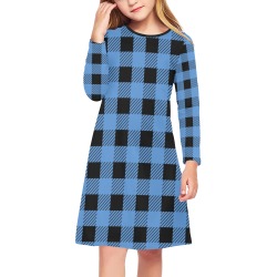 Buffalo Plaid Blue Girls' Long Sleeve Dress (Model D59)