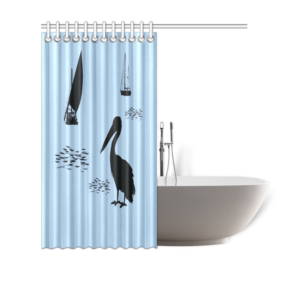 Pelican and Fishing Boats on Blue Shower Curtain 69"x70"
