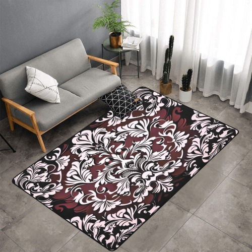 intricate damask pattern, maroon and white Area Rug with Black Binding 7'x5'