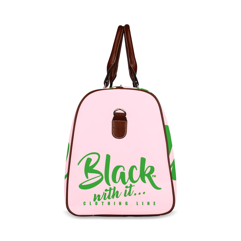 BWi Travel Bag: Pink w/ Green Font-Brown Leather Strap Waterproof Travel Bag/Large (Model 1639)