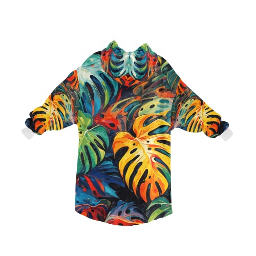 Chic monstera leaves. Colorful decorative art. Blanket Hoodie for Women