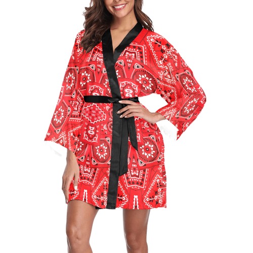 Bandana Squares Red Long Sleeve Kimono Robe