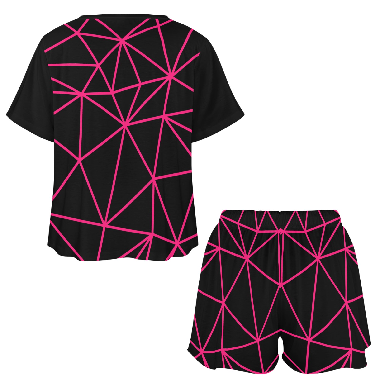 Fuchsia Geodesic Heart on Black Women's Mid-Length Shorts Pajama Set
