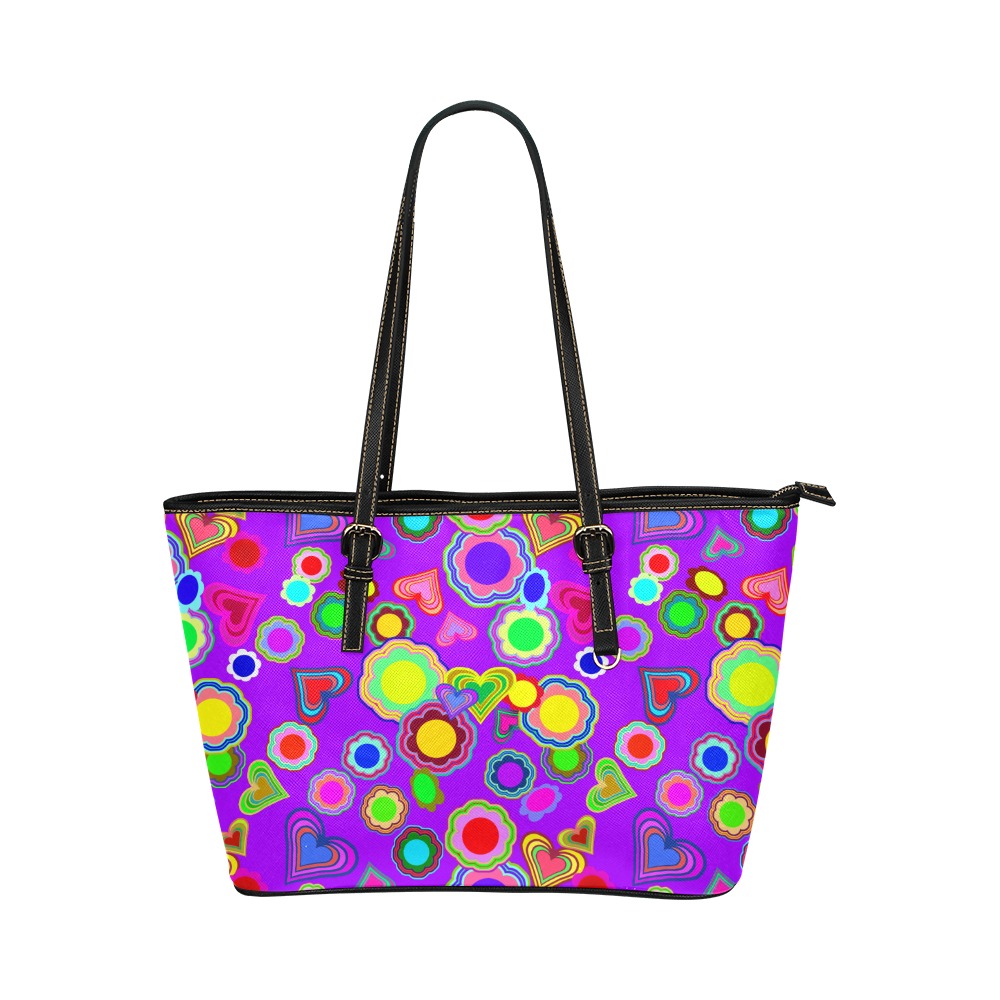 Groovy Hearts and Flowers Purple Leather Tote Bag/Small (Model 1651)