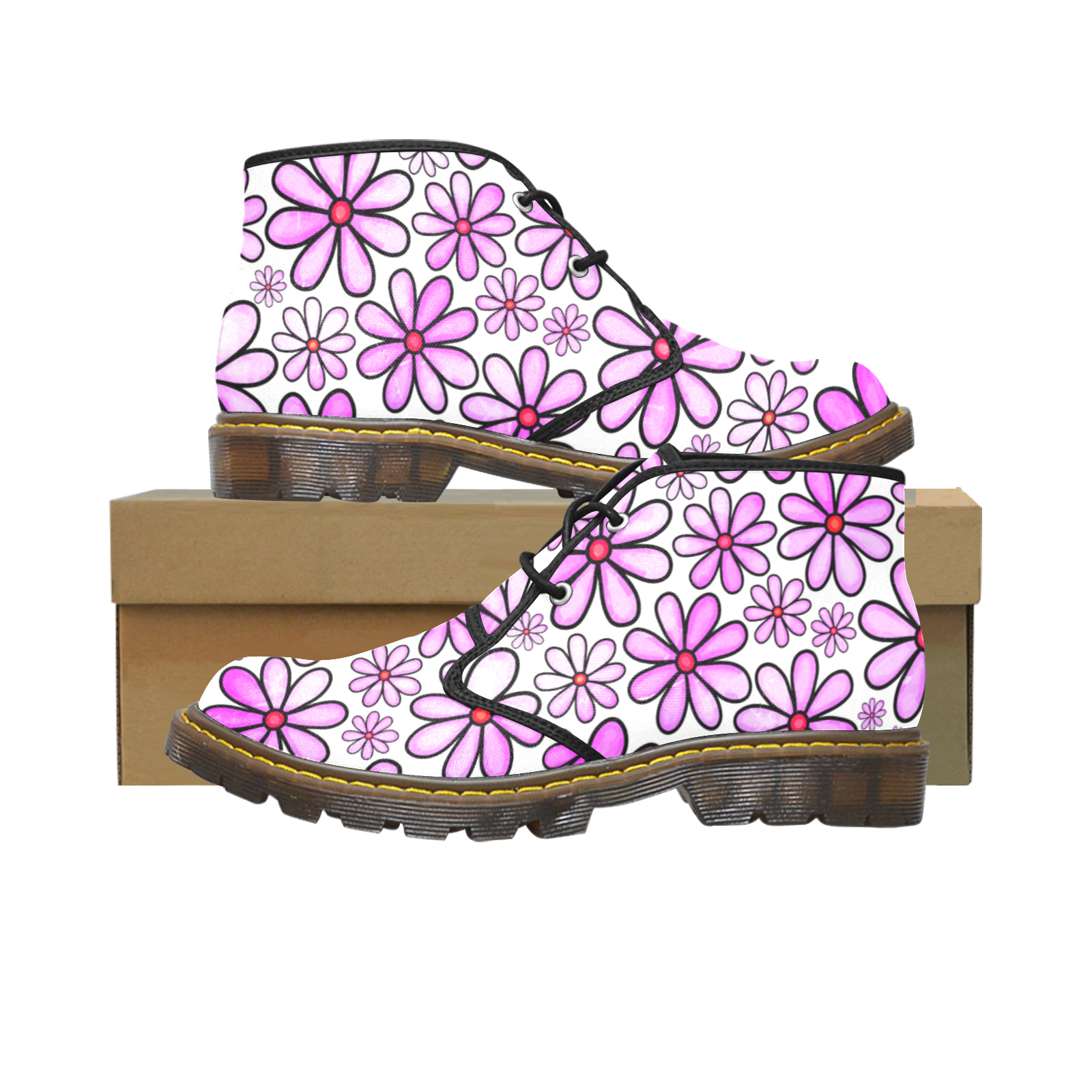 Pink Watercolor Doodle Daisy Flower Pattern Women's Canvas Chukka Boots (Model 2402-1)