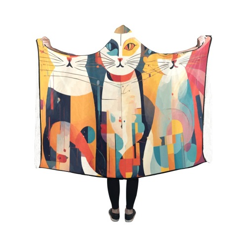 Three cats fantasy abstract art. Festive colors. Hooded Blanket 50''x40''