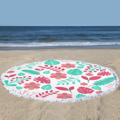 Pink & Turquoise Flower Leaves Circular Beach Shawl Towel Circular Beach Shawl Towel 59"x 59"