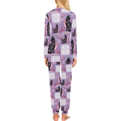 Purple Cosmic Cats Patchwork Pattern Women's All Over Print Pajama Set