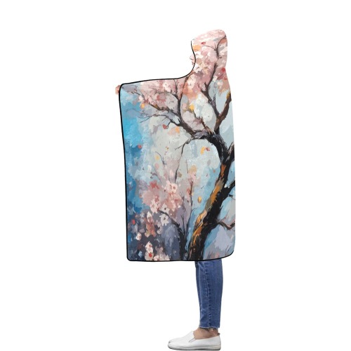 Sakura tree in full bloom. Hanami season art. Flannel Hooded Blanket 56''x80''
