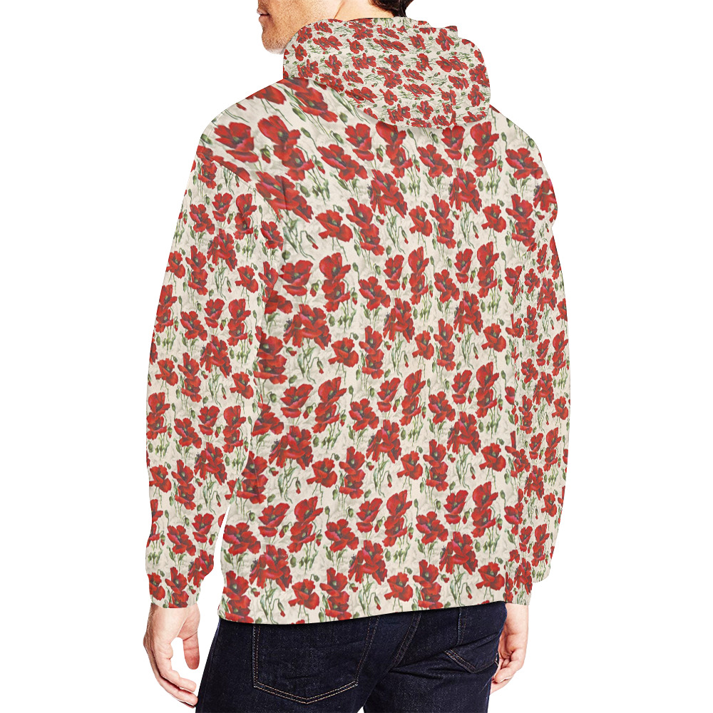Red Poppy Flowers Vintage Floral Pattern All Over Print Hoodie for Men (USA Size) (Model H13)