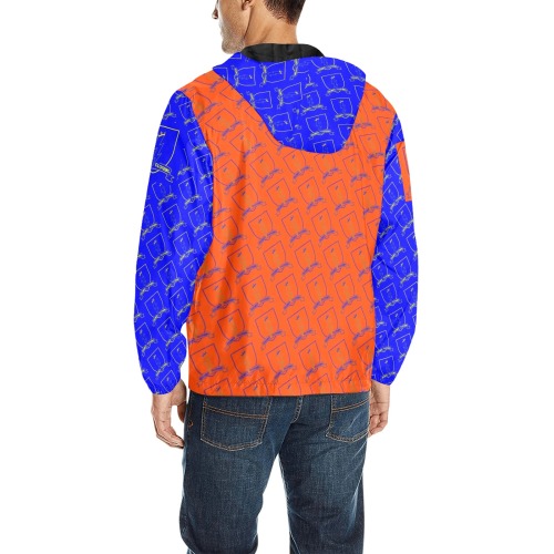 DIONIO Clothing - Orange & Blue Lightning Shield Repeat Logo Windbreaker All Over Print Quilted Windbreaker for Men (Model H35)