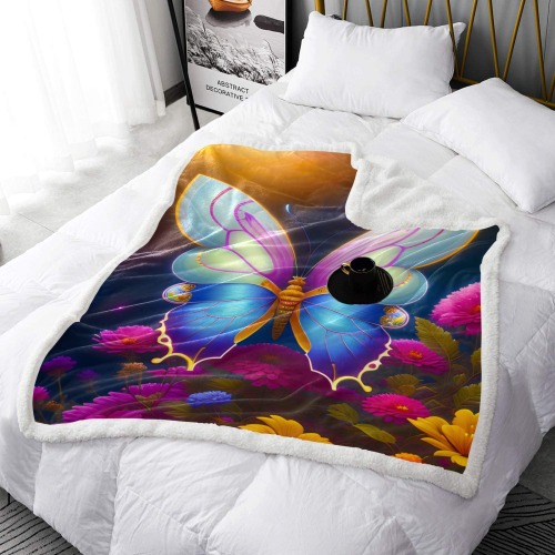 Butterflies and colorful flowers Double Layer Short Plush Blanket 50"x60"