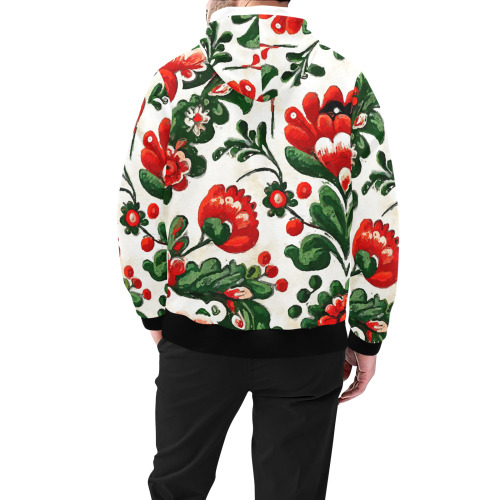 folklore motifs red flowers High Neck Pullover Hoodie for Men (Model H24)
