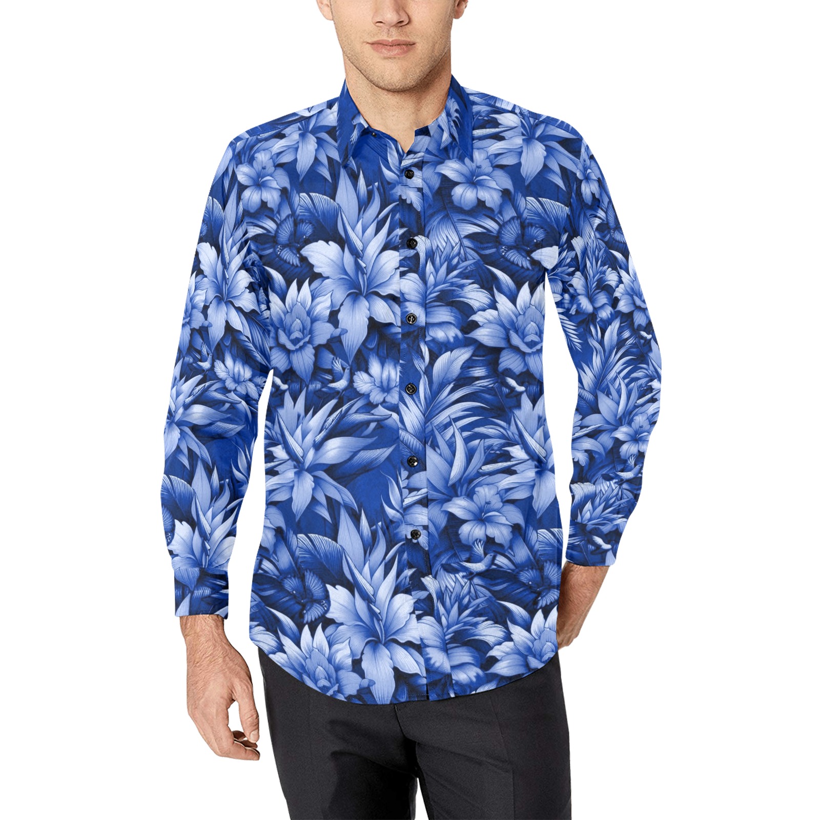 fleurs tropicales bleu marine Men's All Over Print Casual Dress Shirt (Model T61)