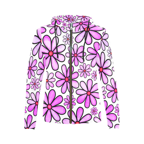 Pink Watercolor Doodle Daisy Flower Pattern All Over Print Full Zip Hoodie for Women (Model H14)